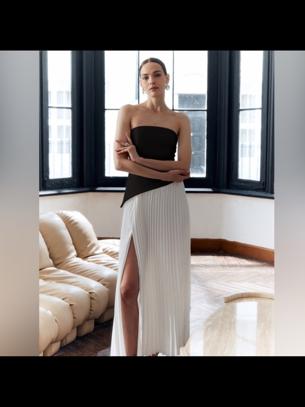Commense Black Strapless Top with White Pleated Maxi Skirt